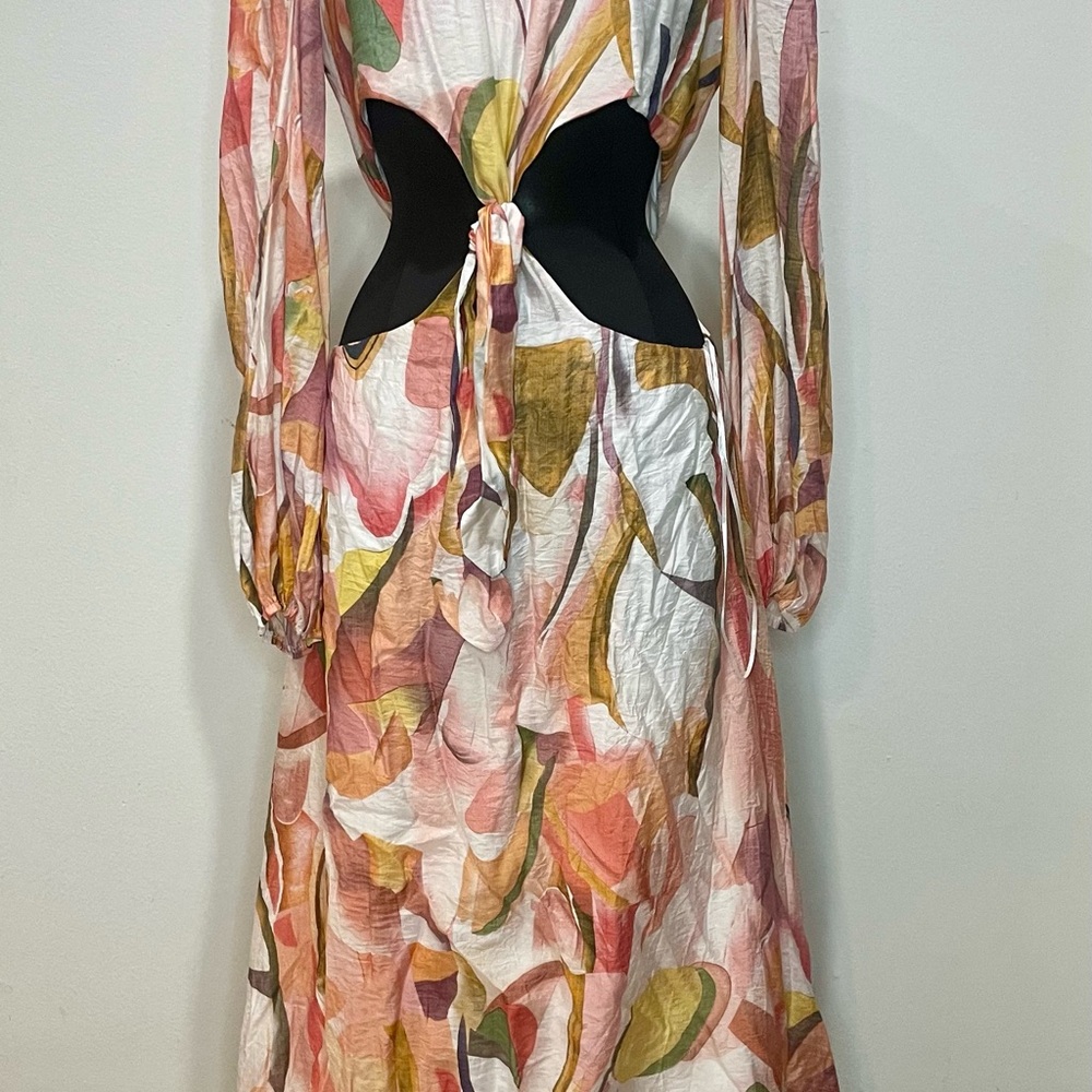 Pink and Gold Long Sleeve Sundress with Bishop Sleeves cut out at waist